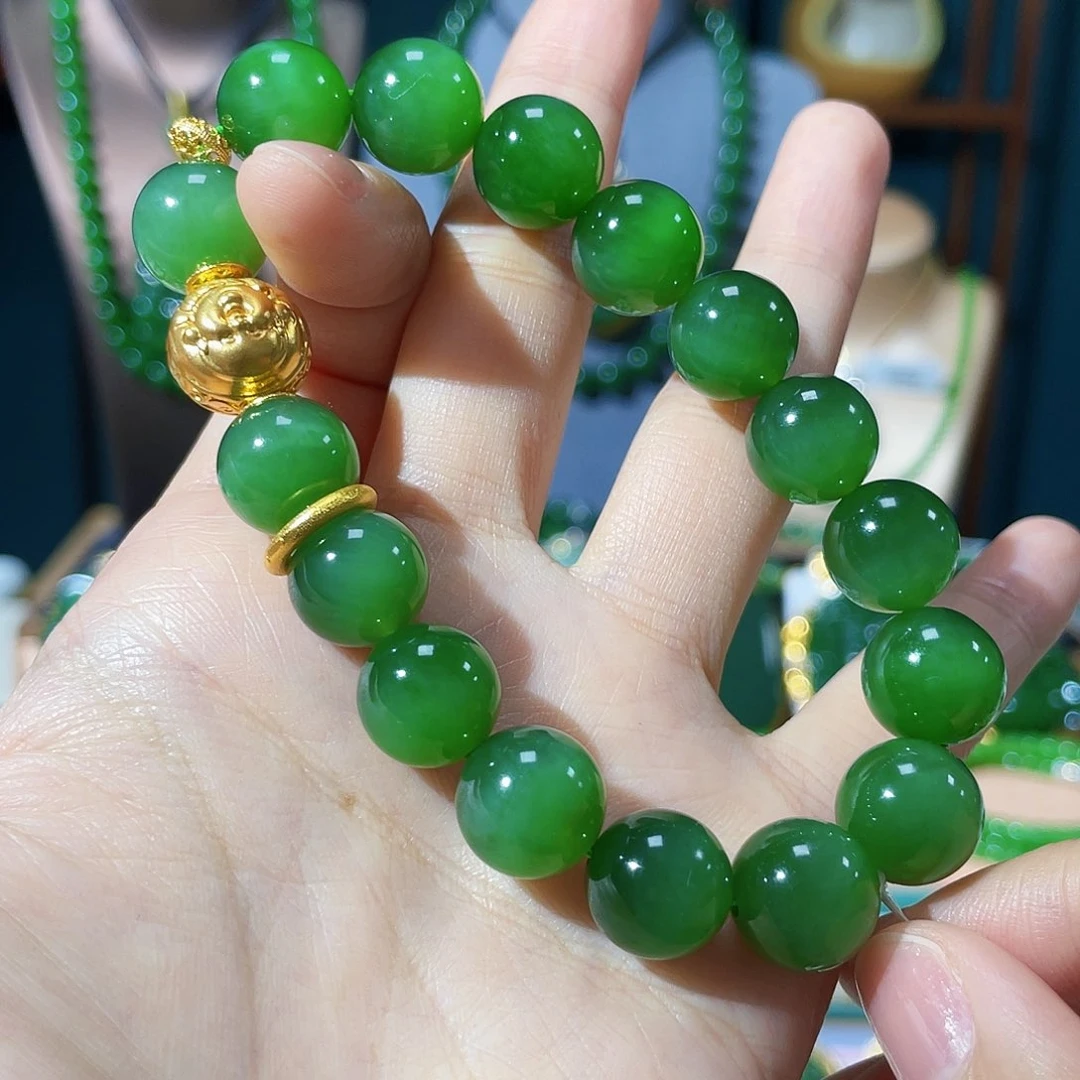 和田玉手串18K金镶嵌