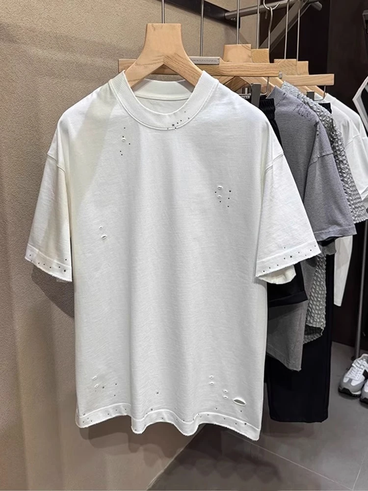 潮牌美式设计款烫钻破洞短袖T恤男2025夏季新款小众宽松百搭上衣