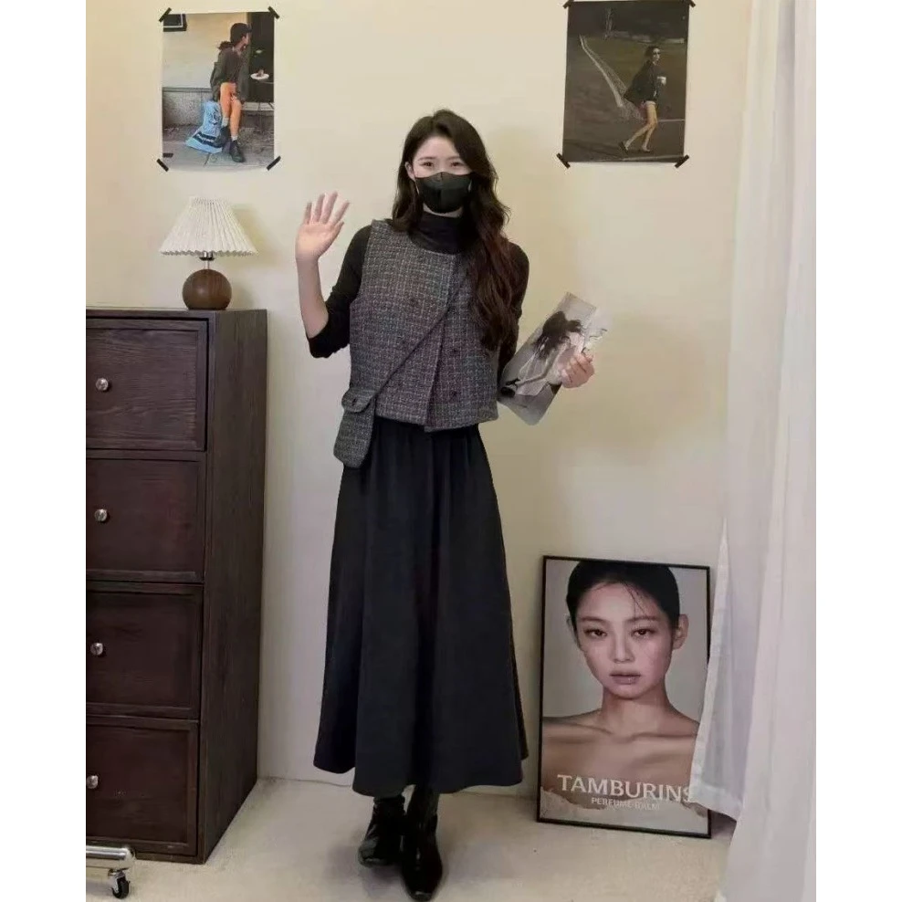 欧洲英伦风小格背心连衣裙套装韩系格子马甲+打底裙+小斜包三件套