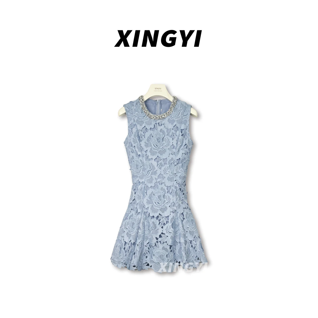 『XINGYI』重工系列高级感镶钻镂空蕾丝连衣裙XY9422