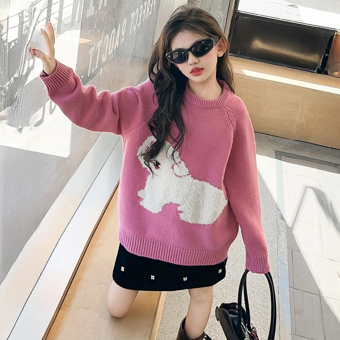 女童粉色针织衫小狗毛衣女孩2025新款秋季宽松慵懒风韩系穿搭上衣