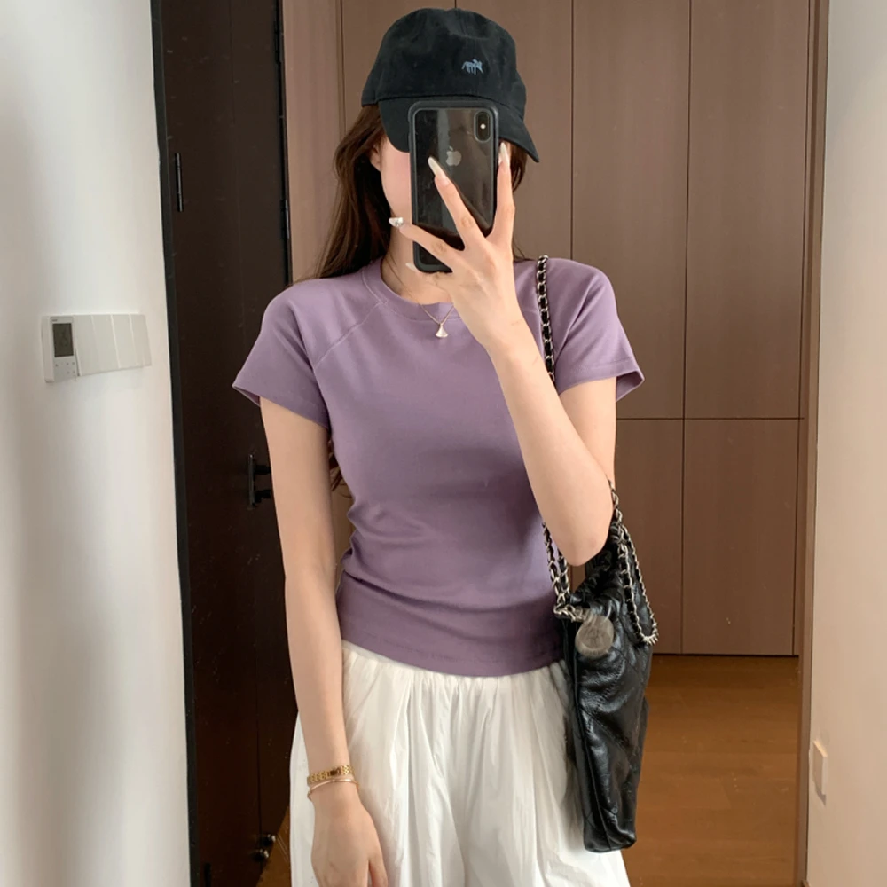 纯色圆领插肩袖短袖t恤女2025夏季新款修身显瘦打底亲肤棉质上衣