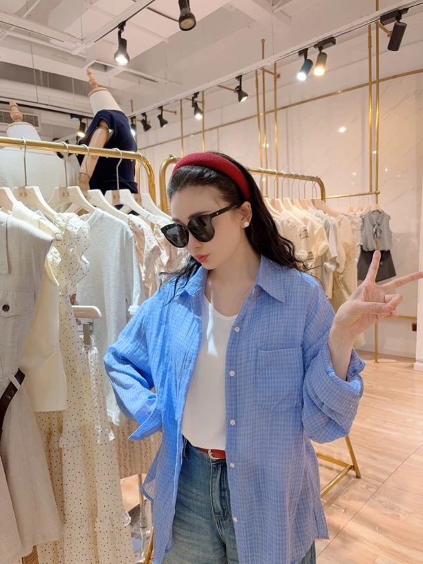 温柔少女风夏季新款格子长袖衬衫女休闲上衣