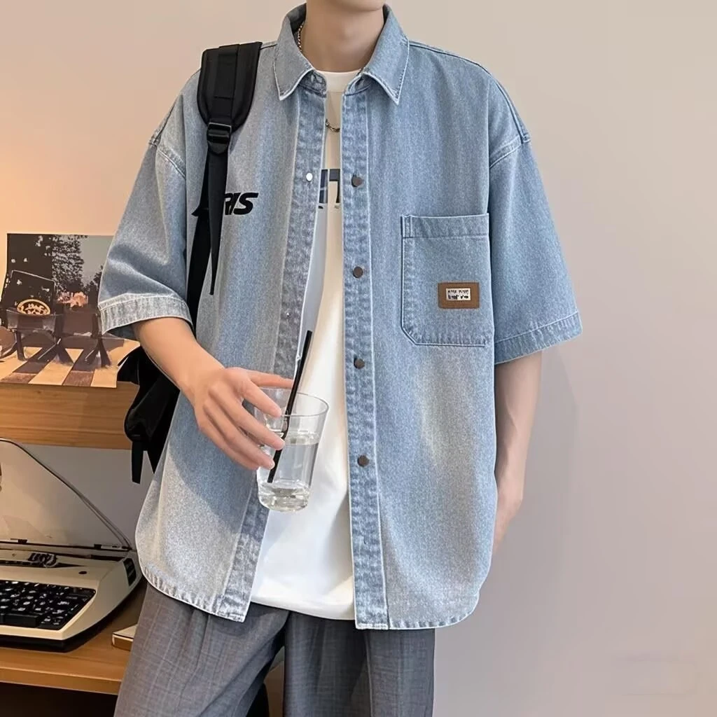 夏季港风短袖牛仔衬衫男潮流初中学生学院风半袖潮牌帅气衬衣外套