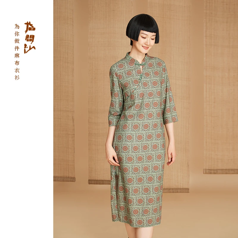 2535052指间沙原创女装 秋季新款立领斜门襟修身麻粘印花旗袍复古