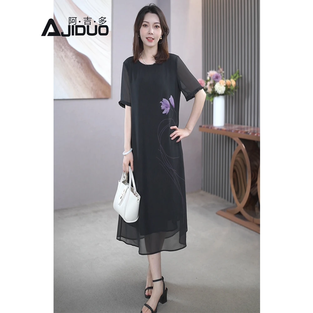 高端气质阔太太印花连衣裙女夏季优雅显瘦直筒宽松中长裙子A22089