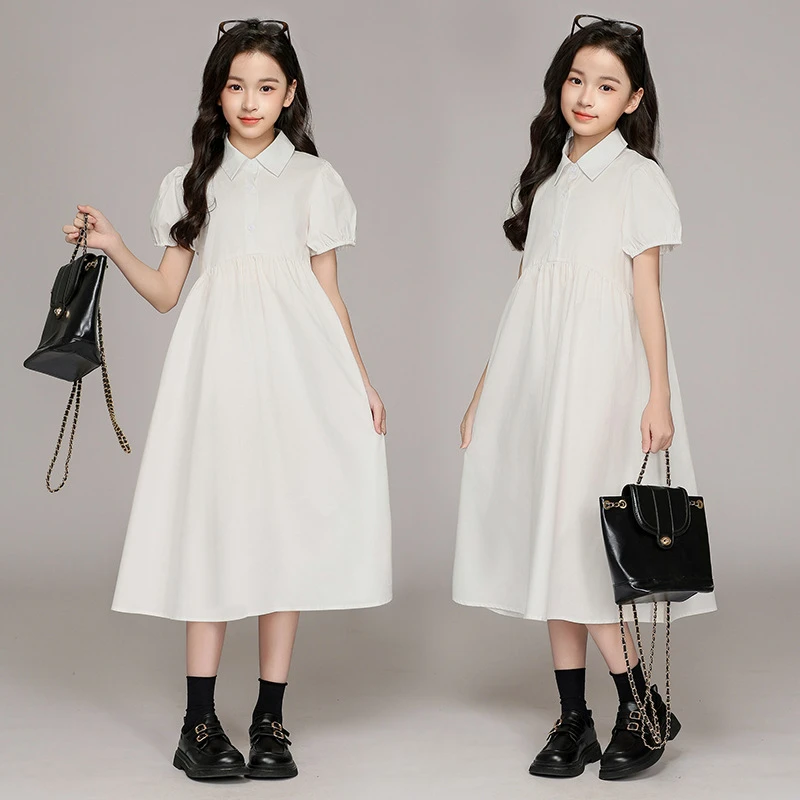 女童连衣裙2025春夏新款衬衫领连衣裙中大童短袖长袖中学生连衣裙