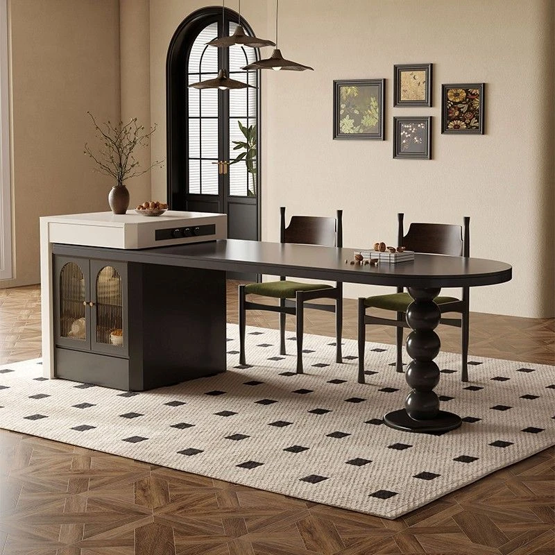 中古风岛台餐桌一体可伸缩家用黑色岩板圆弧小户型轻奢高端吧台桌