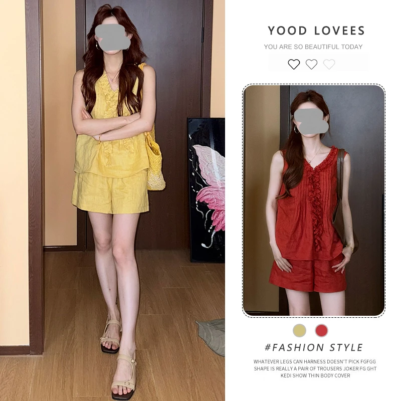 小个子显高炸街套装2025夏季新款气质木耳边V领无袖上衣短裤女装