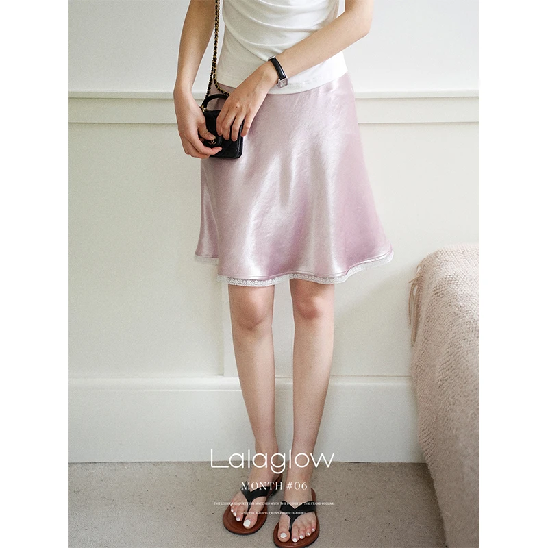 Lalaglow 鎏光假日 复古气质蕾丝边醋酸缎面半身裙女休闲百搭短裙