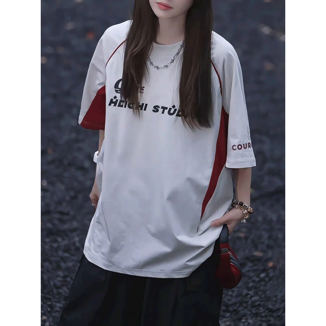 原版做工32s双纱重磅260g字母印花拼色短袖T恤宽松机车服男女夏季