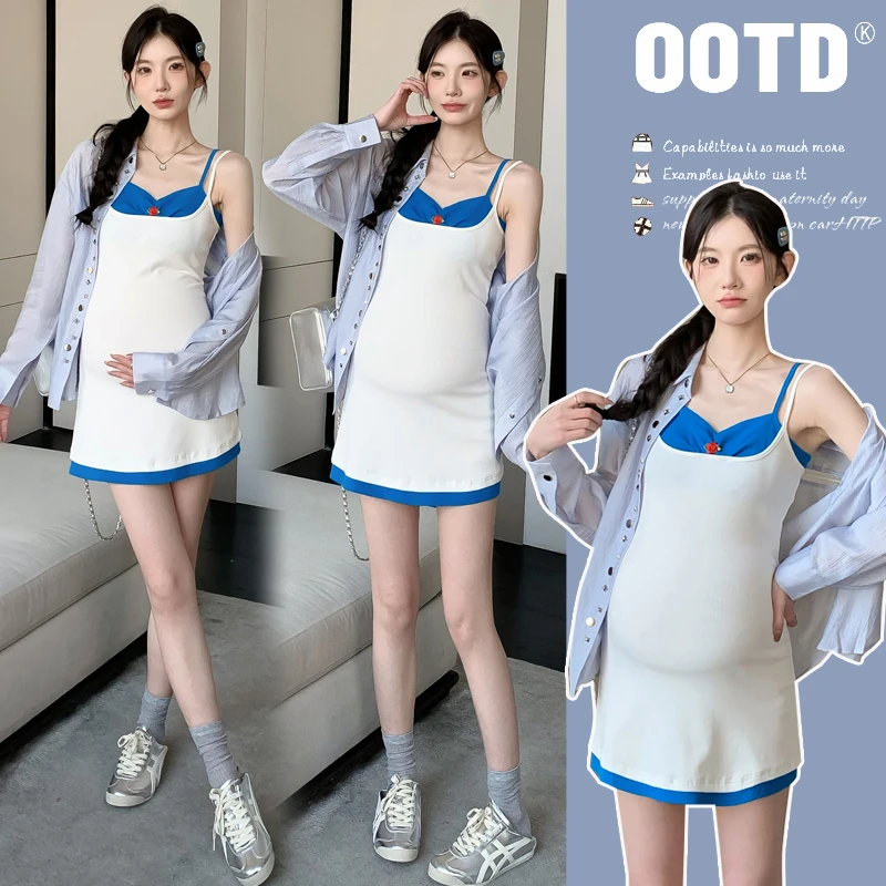 时髦孕妇装夏季新款2025新款连衣裙时尚款吊带裙外套慵懒风两件套