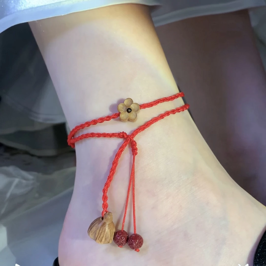 非金属布艺脚链 民族风老桃木脚链平安红莲蓬桃花吊坠