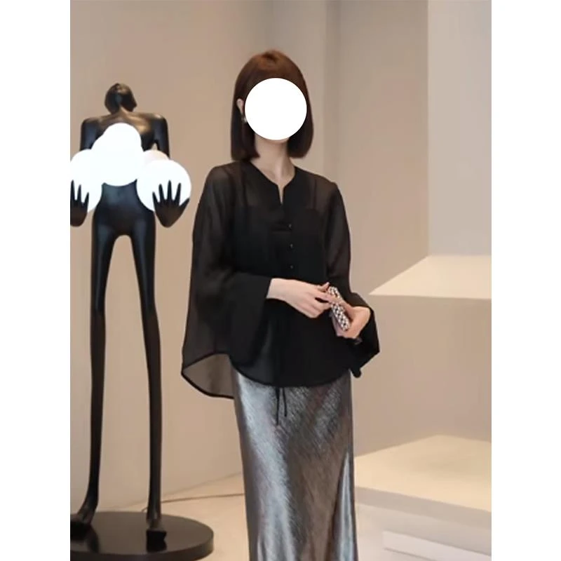 新中式国风盘扣黑色长袖防晒衬衫女夏款小个子设计感薄款气质上衣