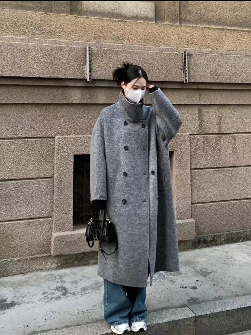 韩版立领中长款毛呢大衣宽松显瘦气质毛呢外套秋冬百搭时尚潮流