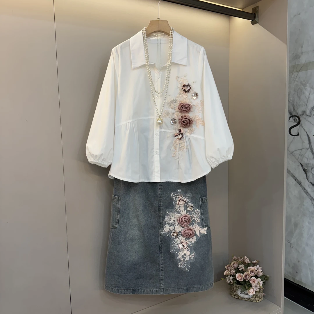 新款欧货洋气重工装饰翻领衬衫+牛仔裙2025胖mm两件套套装8512