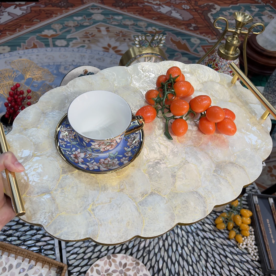 KA-【金色云朵盘】黄金蝶贝手提制作贝壳镶嵌收纳篮48*33cm