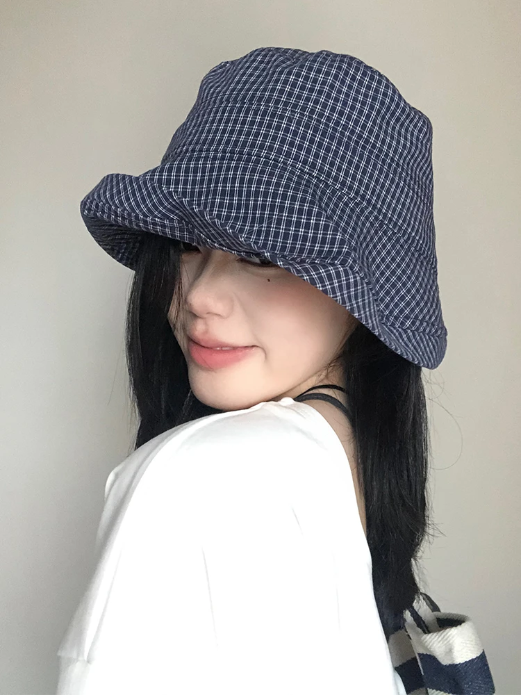 韩系格纹大檐渔夫帽女春夏防晒防紫外线遮阳大头围太阳帽