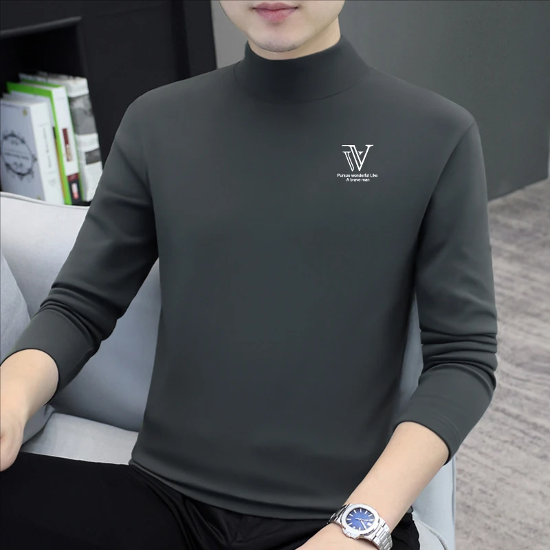 半高领长袖t恤男士打底衫秋冬季修身潮流内搭立领纯棉潮流男秋衣