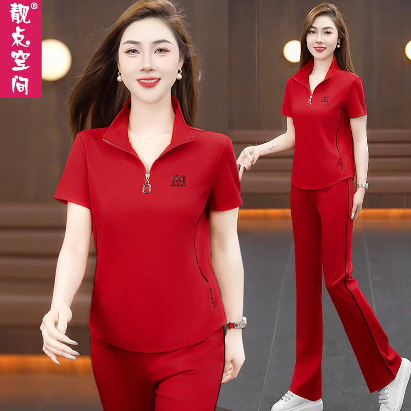 短袖休闲运动套装女夏季薄款2025新款冰丝显瘦跑步大码夏装两件套