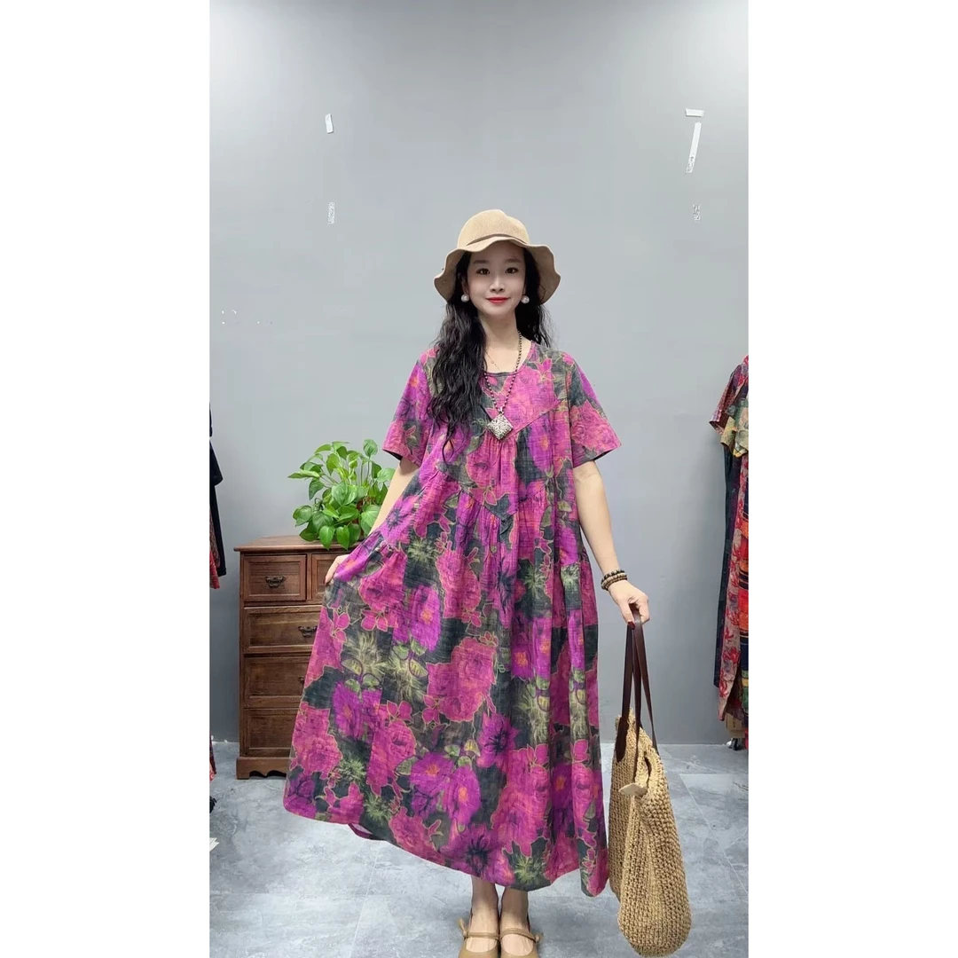 5047夏季新款清凉气质时尚复古遮肚宽松女显瘦百搭圆领休闲连衣裙