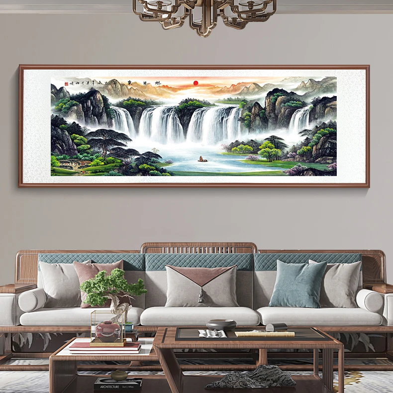 带框装裱 艺术微喷  《 瀑布旭日东升》新中式国画装饰画