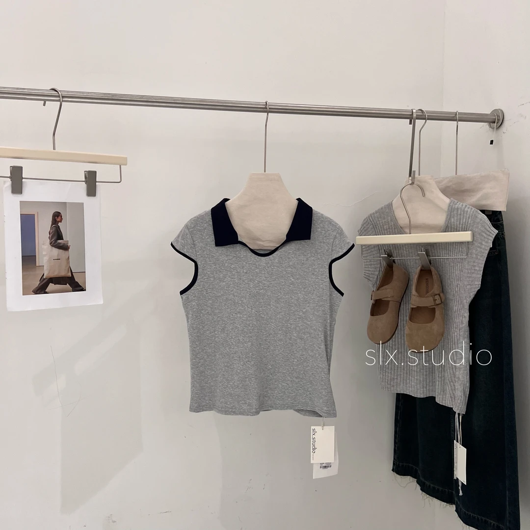 slx@ 2932 撞色翻领飞袖T恤