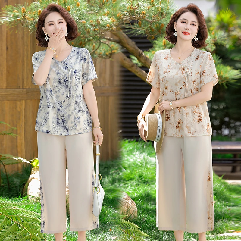 新中式妈妈夏装套装气质雪纺小衫2025新款洋气中老年女宽松两件套
