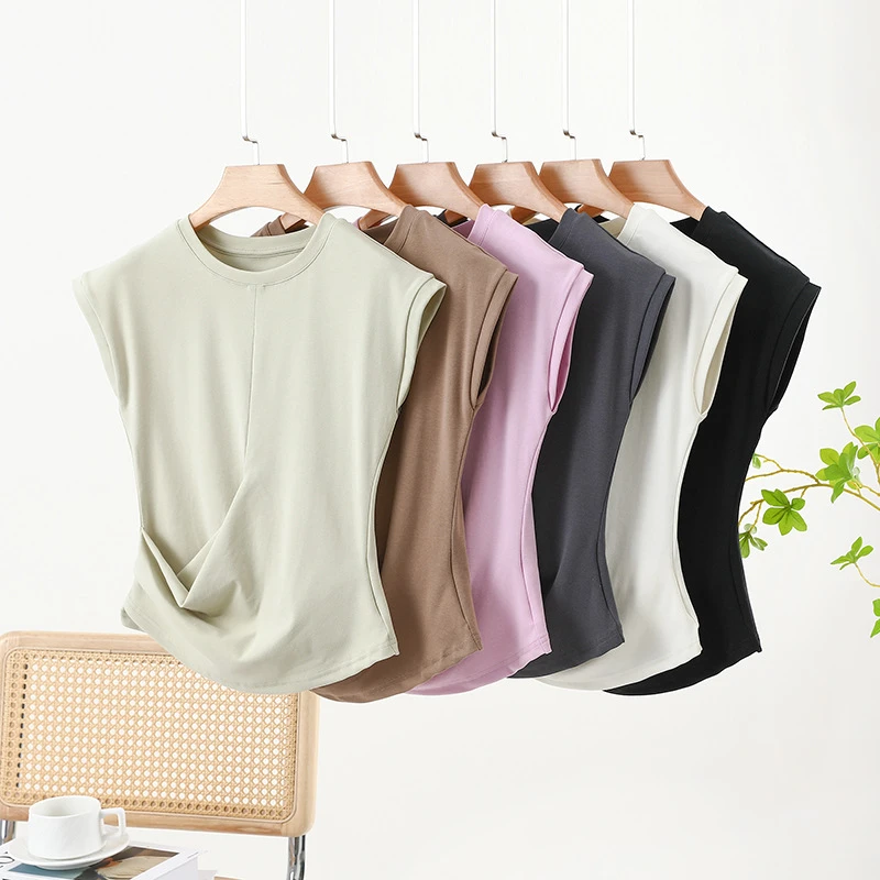 小众设计圆领小飞袖t恤女2025夏新款百搭褶皱收腰显瘦短款上衣