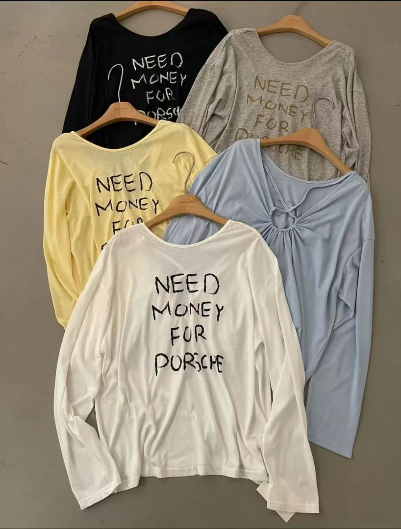 温柔瑶-MEET#韩系设计感露背字母印花上衣#5637