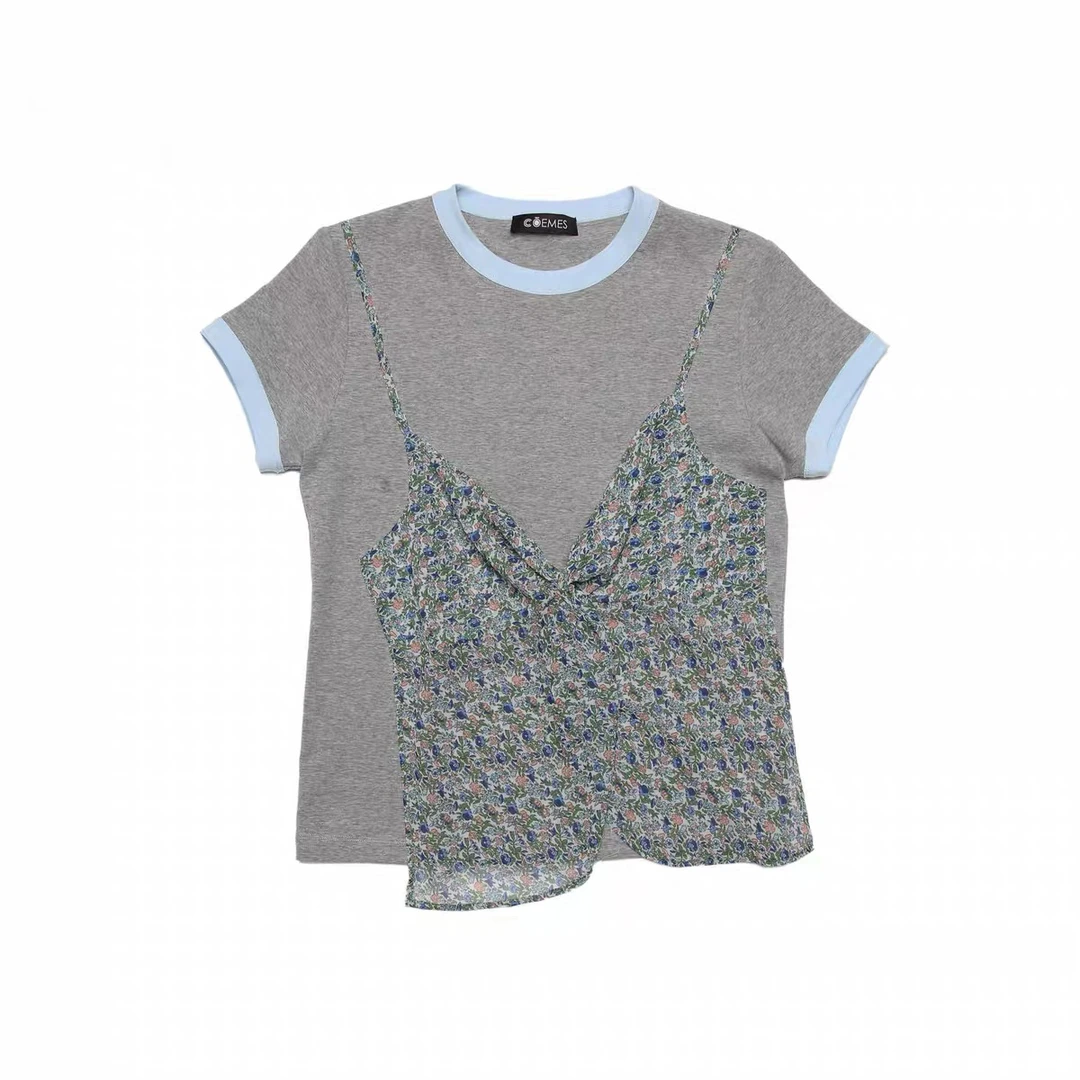 新品COEMES2025夏季新款撞色拼接假两件吊带短袖T恤上衣女