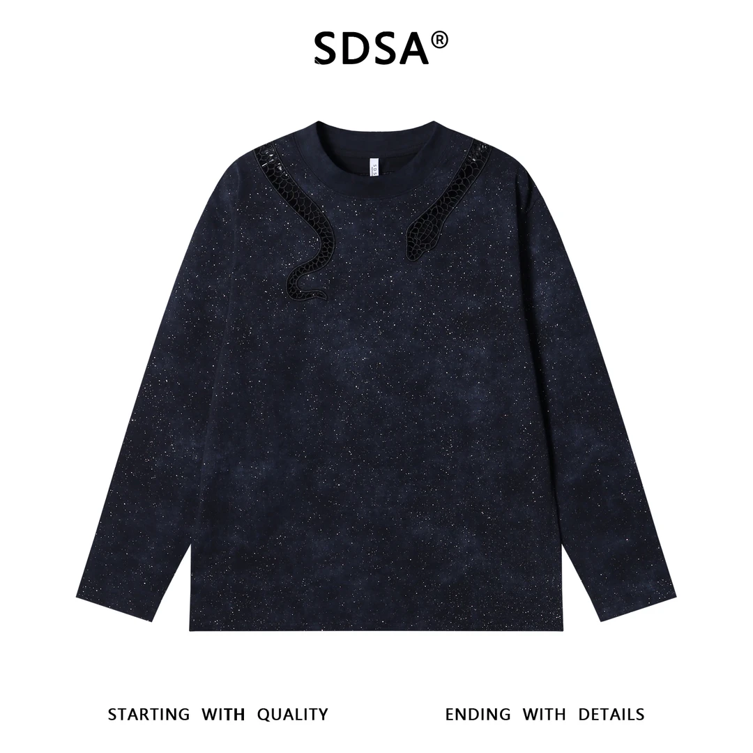 SDSA男士秋冬新款轻奢痞帅男装镂空蛇网格圆领长袖T恤嘻哈上衣