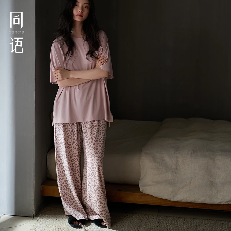 同语睡衣女款2025新款夏季莫代尔棉短袖长裤套装豹纹家居服可外穿
