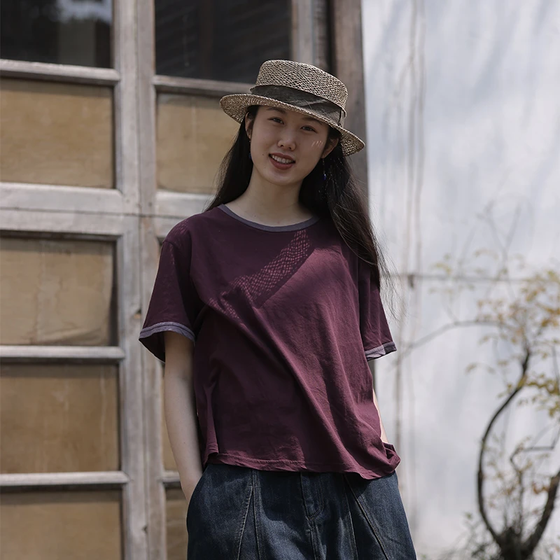 慢慢变蓝原创 荼 春夏软糯百搭撞色T恤 文艺简约百搭 多色