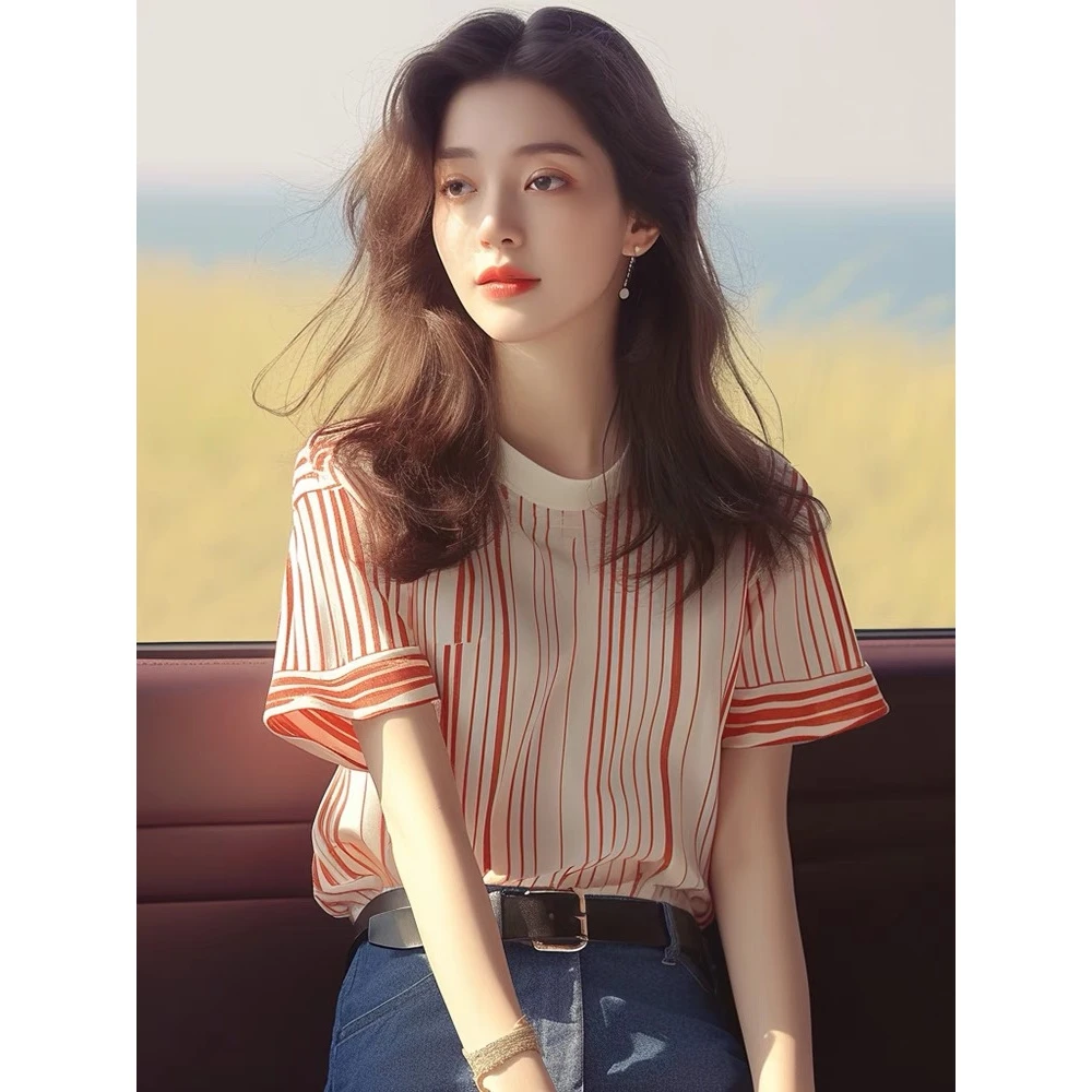 夏季韩系chic洋气独特别致漂亮上衣时尚百搭显瘦红色条纹短袖T恤