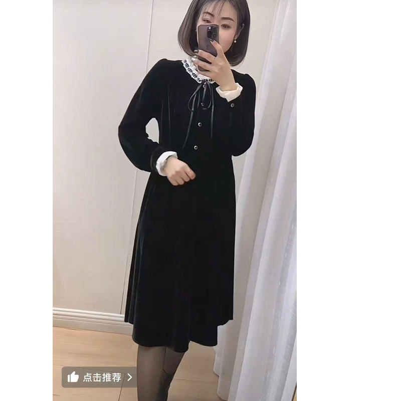 【清】花边拼接丝绒连衣裙51891