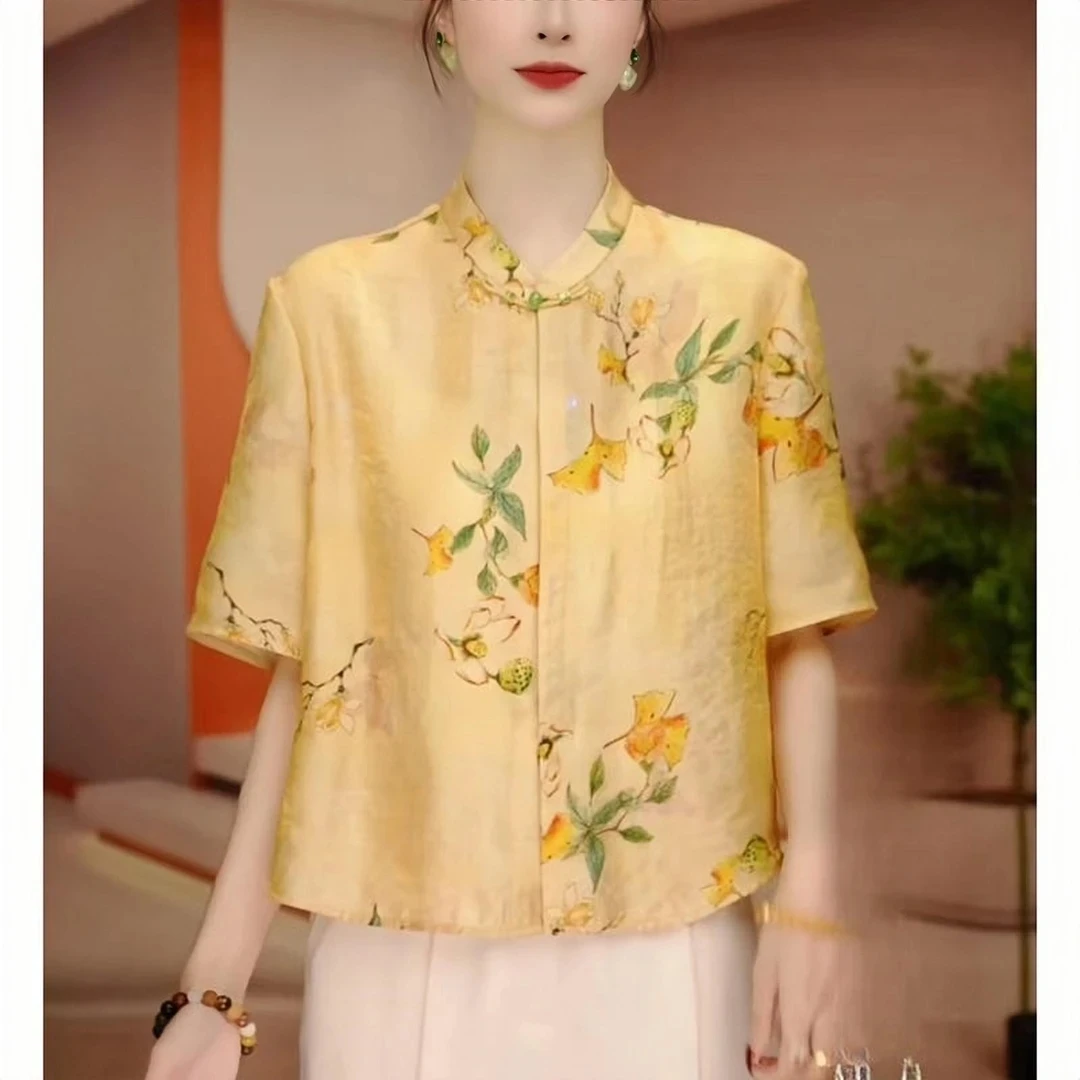新中式时尚夏季国风上衣上新百搭气质印花款遮肉显瘦短袖衬衫上衣