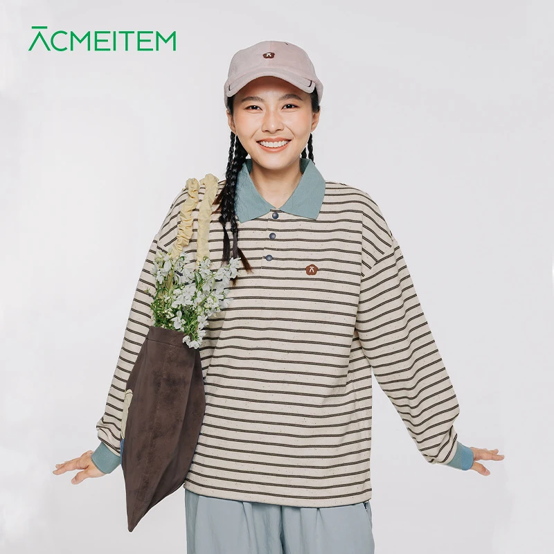 ACMEITEM爱棵米 亲子城市户外条纹POLO衫长袖休闲宽松百搭上衣女