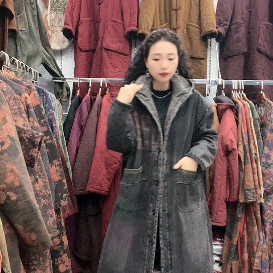 织绣招财猫外单牛仔棉袄