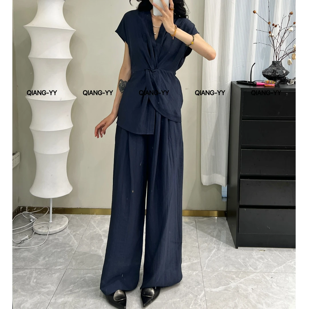 时尚套装高腰夏季短袖显瘦长裤系带时尚收腰套装583