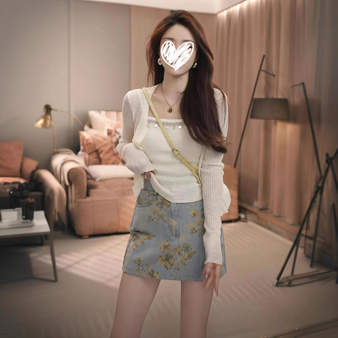 纯欲风性感长袖开衫内搭吊带背心女夏季新款修身显瘦时尚上衣套装