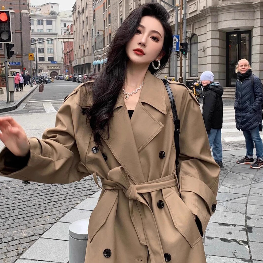 风衣外套女款2026新款巨好看廓形高个子双排扣长款气质卡其色大衣