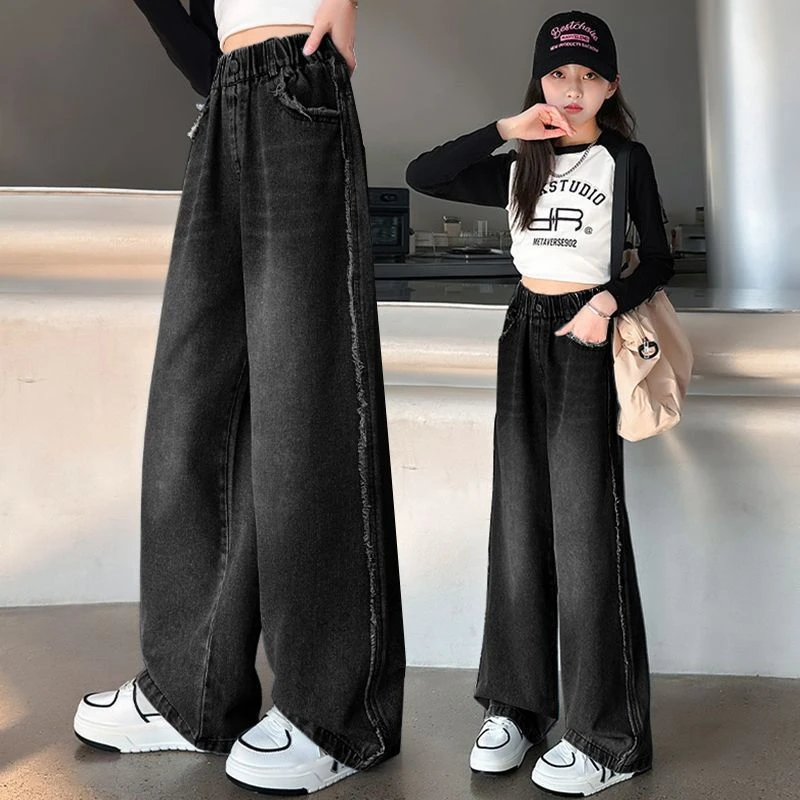 女童春秋款牛仔裤2025中大童春秋百搭阔腿裤休闲时髦儿童宽松裤子