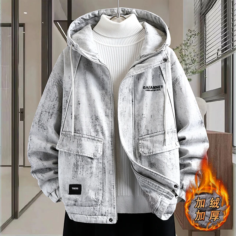 双11冬季纯棉青少年加绒加厚连帽外套百搭保暖帅气学生牛杂夹克男
