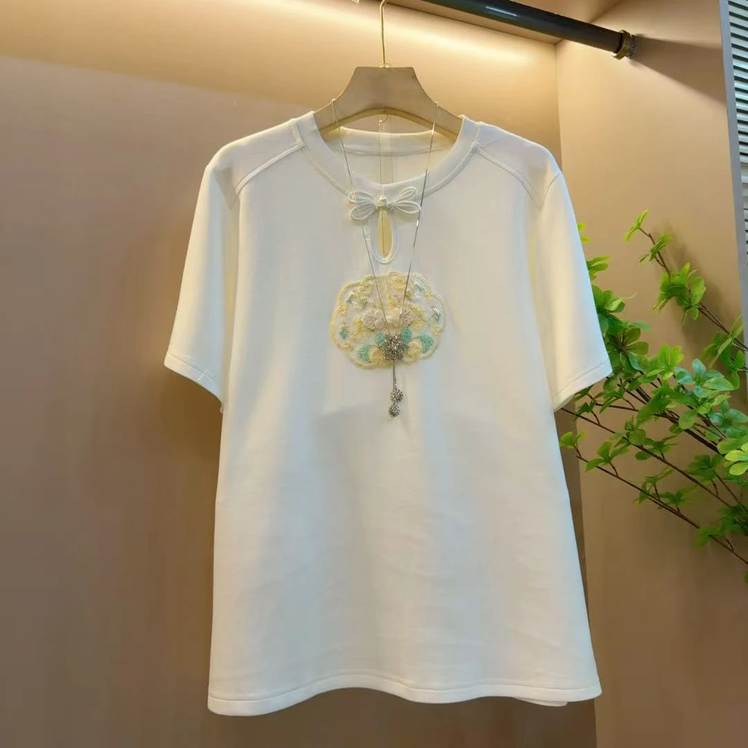 时尚胖MM复古气质圆领百搭短袖国风显瘦上衣（长64左右）