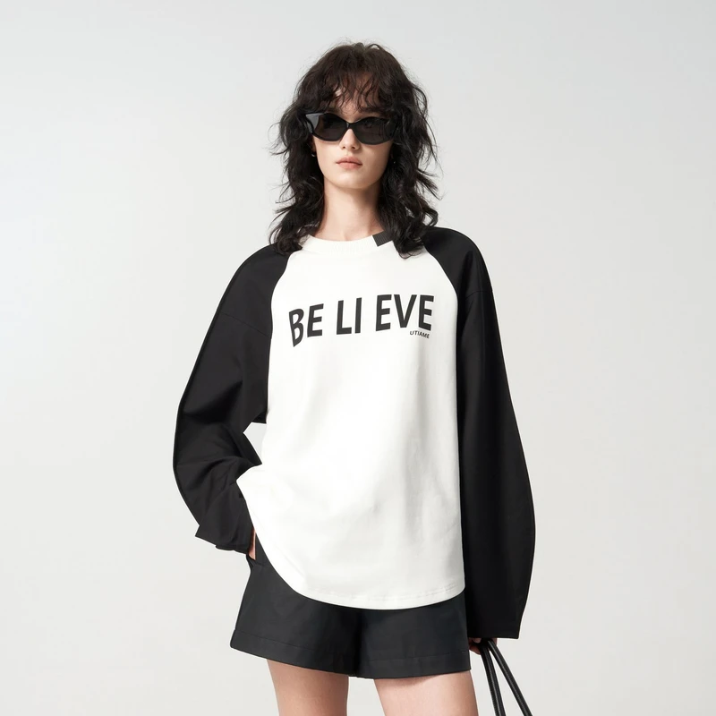 UTI新款拼色插肩袖长袖T恤女 百搭简约棉感休闲上衣秋季新款