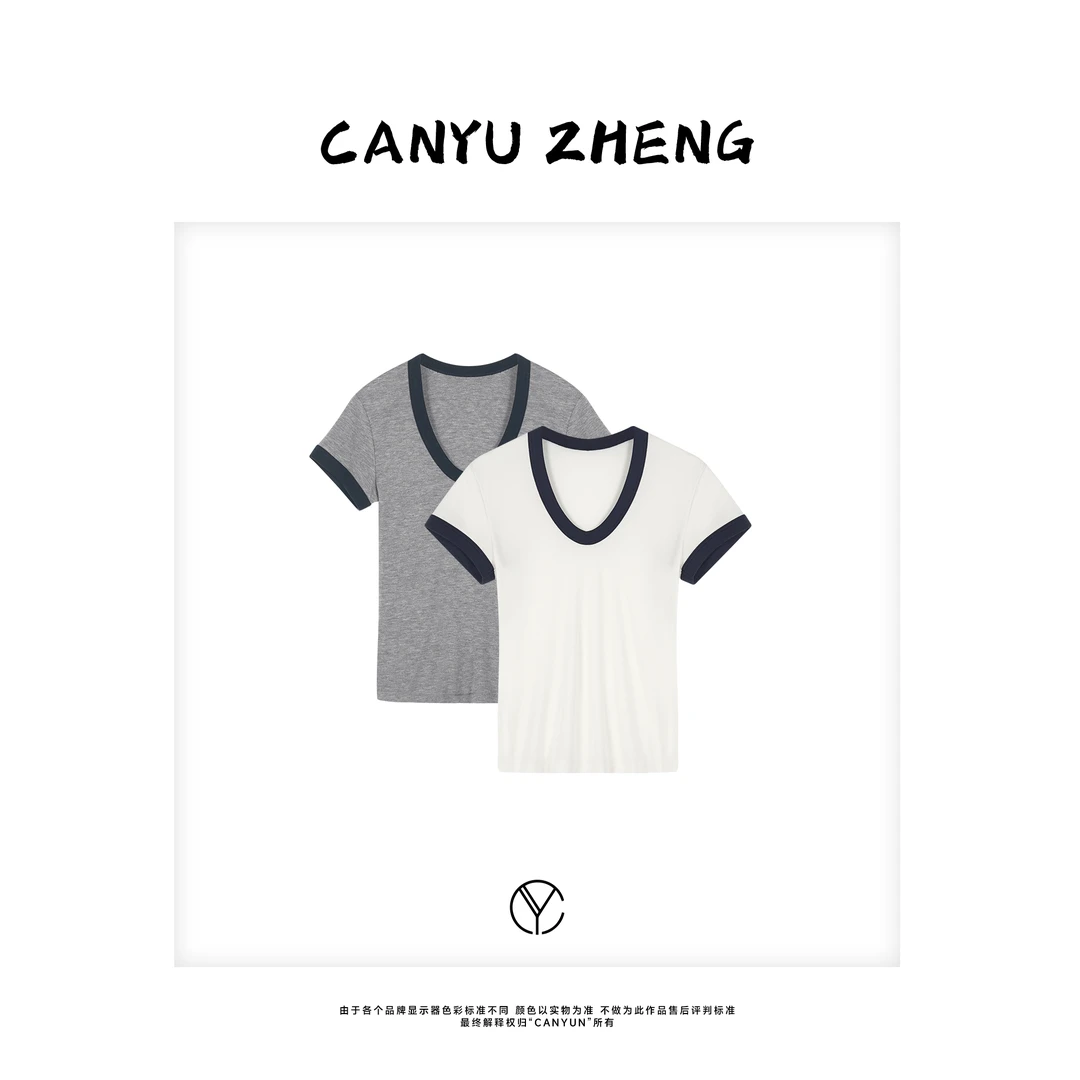 CANYU夏季新款 莱赛尔羊毛 云朵柔软细腻撞色V领短袖T恤