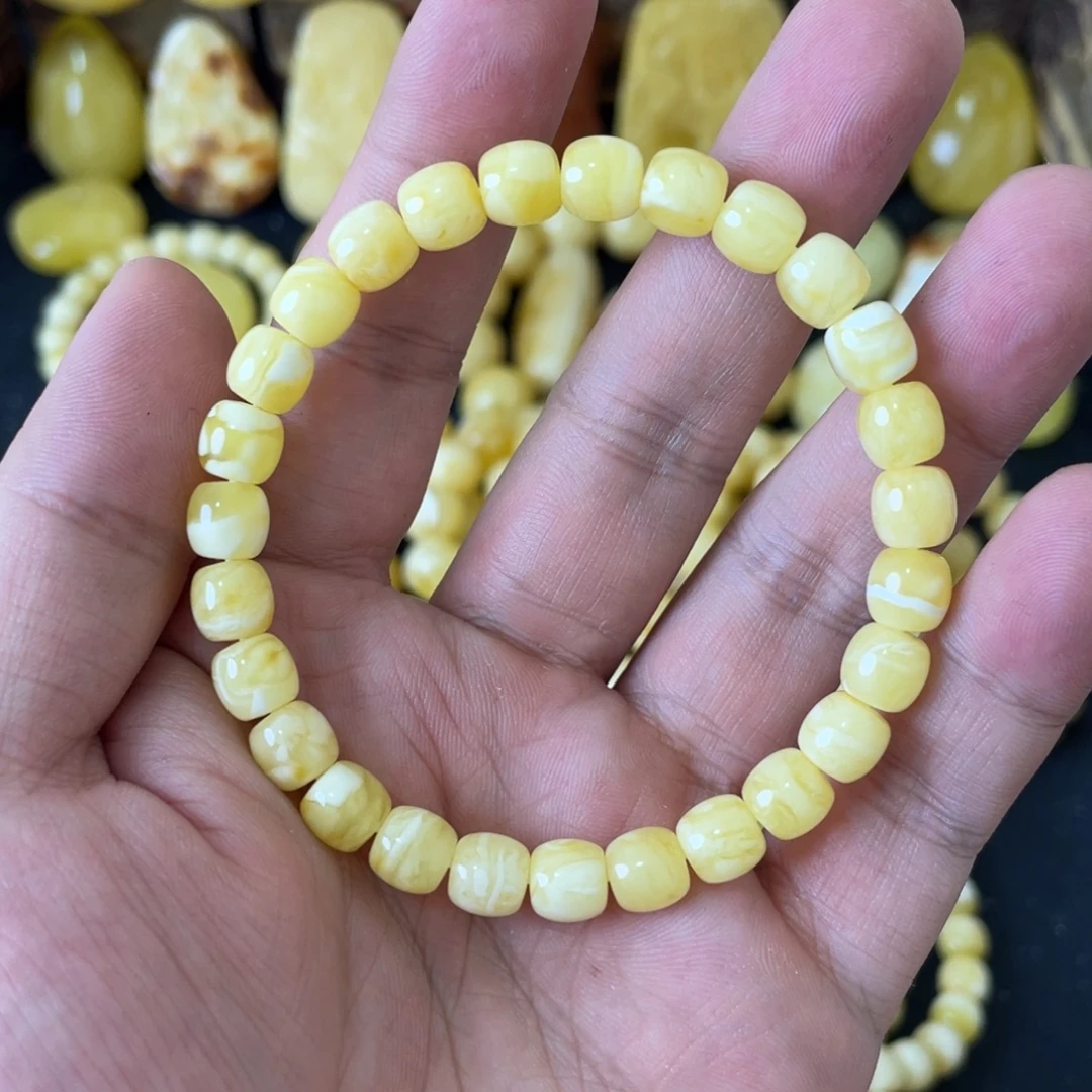 琥珀未镶嵌手串7+俄料妖白花精工老型手串
