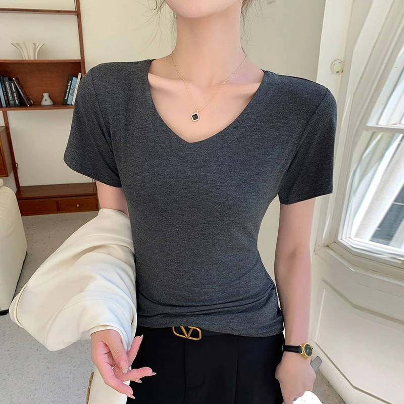 醉梓菡木代尔V领短袖t恤女夏季薄款2025新款宽松显瘦舒适百搭上衣