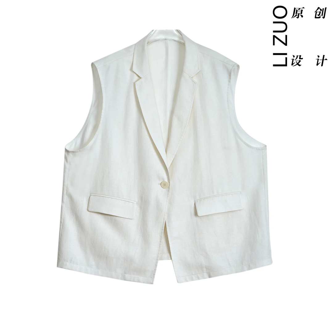 大码胖mm夏季老钱风天丝亚麻时尚百搭西服领马甲开衫上衣9558